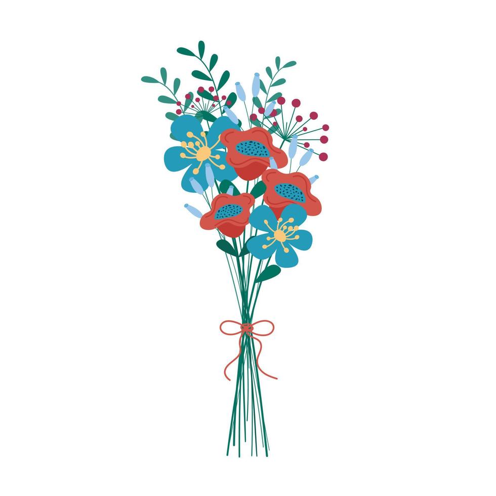 Abstract flowers bouquet isolated. Bunch of different fresh meadow flowers and leaves plants. Vector flat illustration