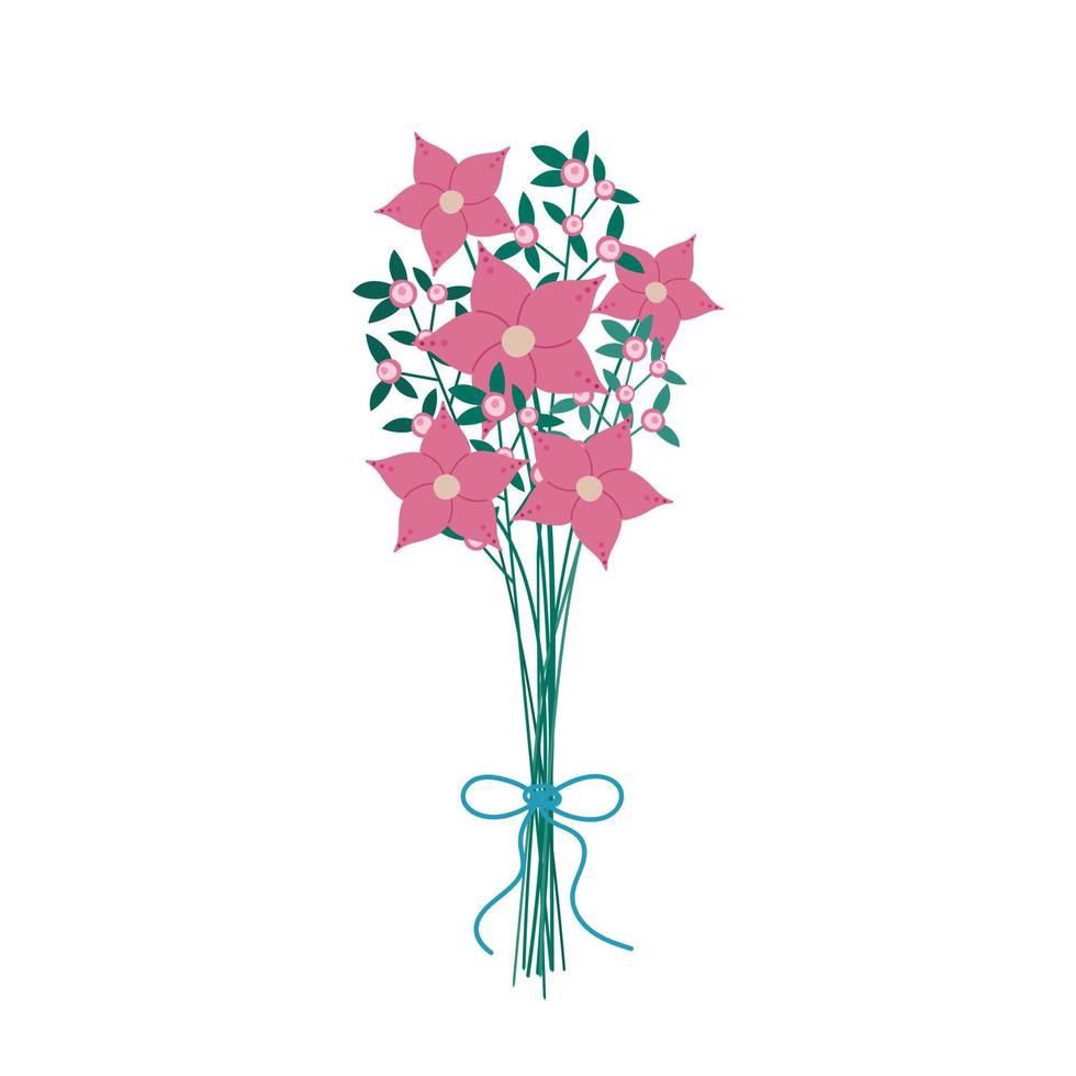Abstract pink flowers bouquet with bow isolated. Bunch of different fresh meadow flowers. Vector flat illustration