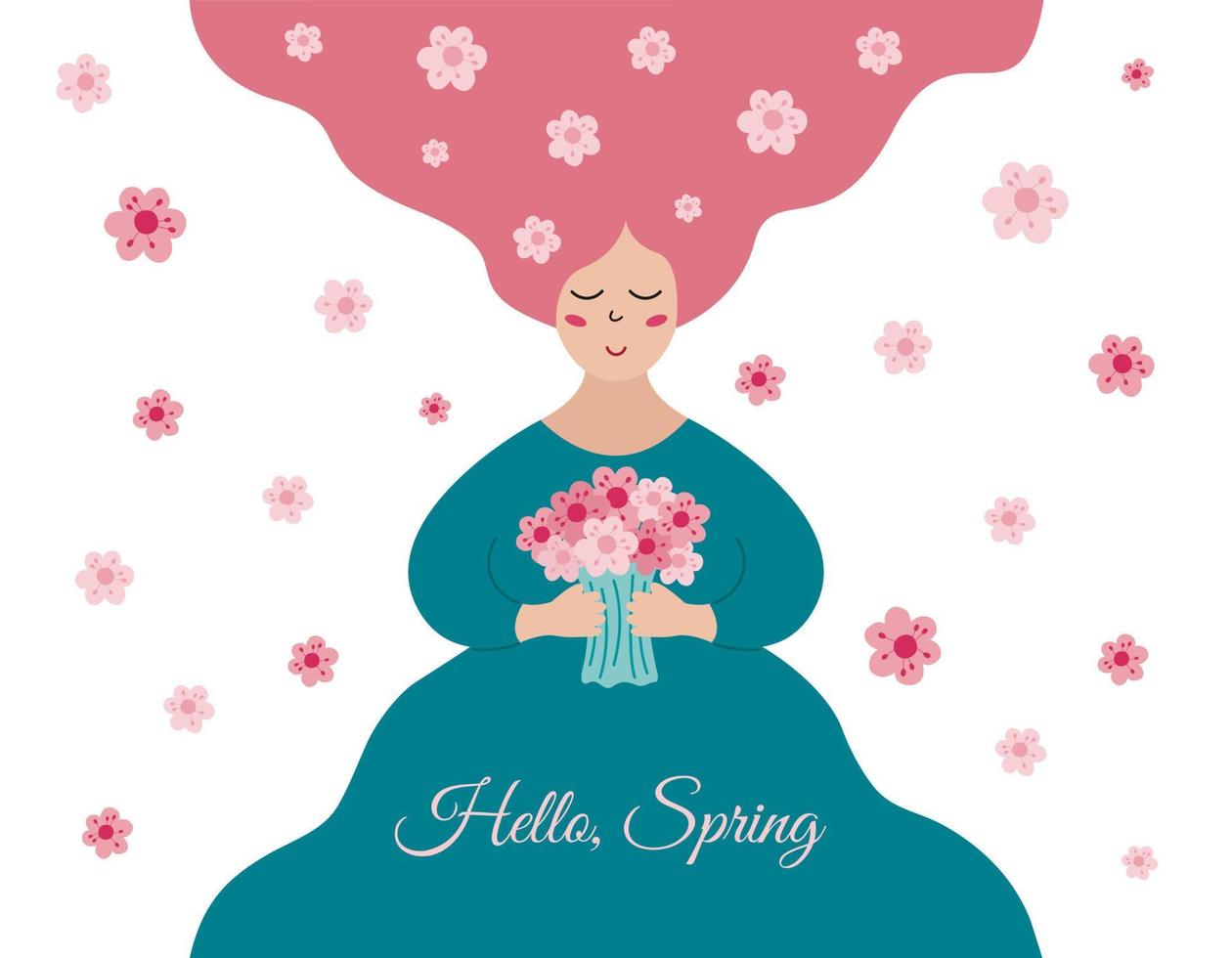 Hello, Spring text. Cute beautiful girl with flowers in long hair isolated. Longhair woman smiling and holding blossom bouquet. Springtime season concept. Vector flat illustration