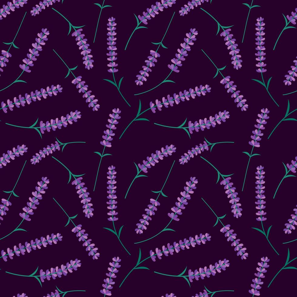 Lavender flowers seamless pattern. Vector endless dark background with purple Lavender blossom. Spring design with floral elements