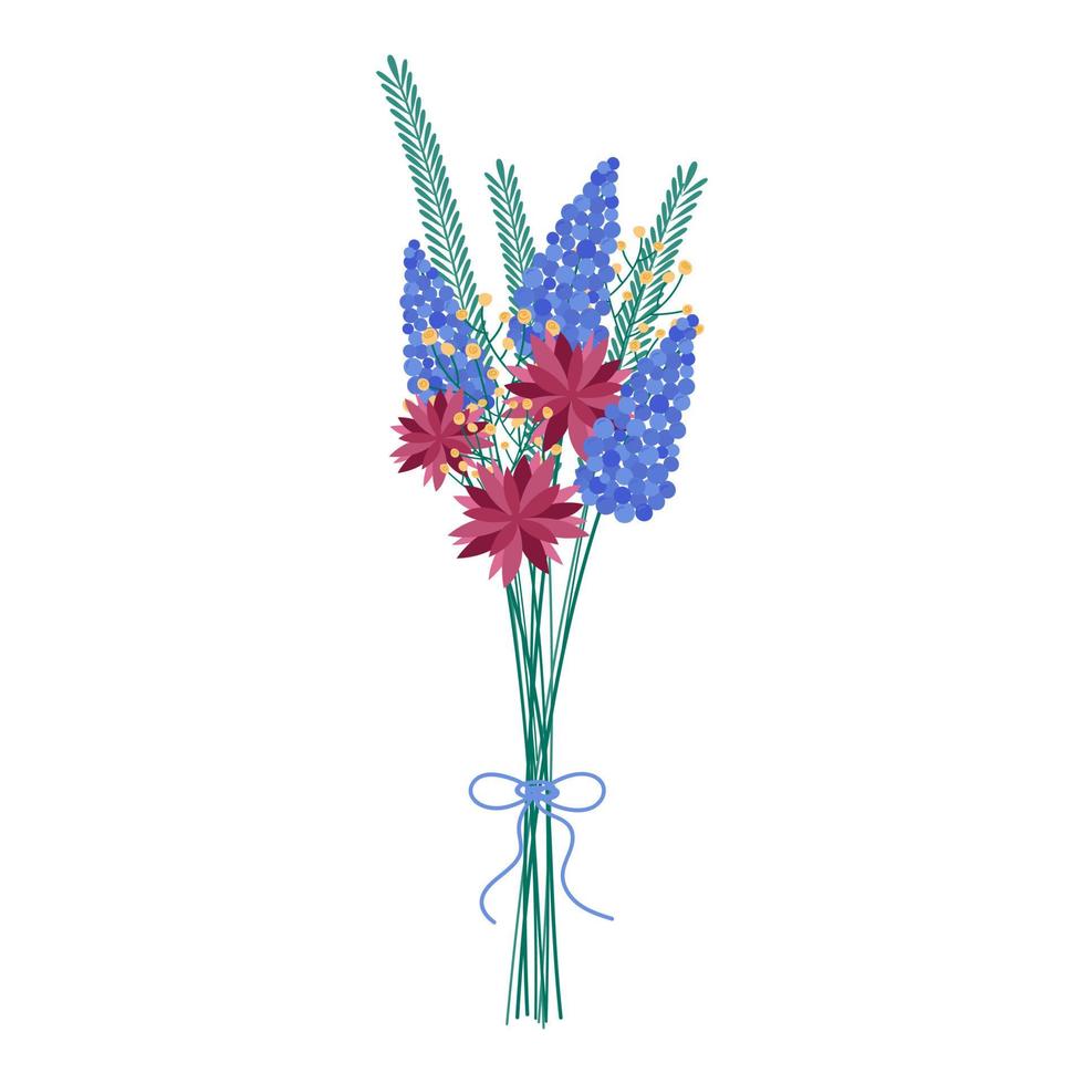 Flowers bouquet isolated. Bunch of different fresh meadow flowers and leaves plants. Vector flat illustration