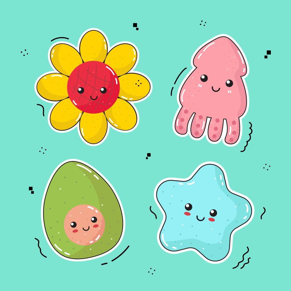 Vector illustrations Hand drawn of design cartoon characters.  stamps or stickers with abstract funny cute comic characters.