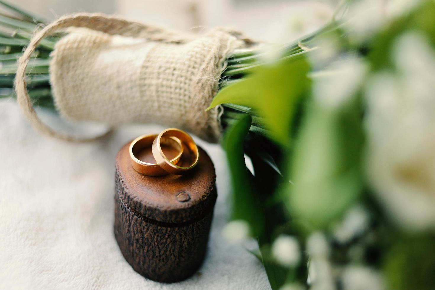 A pair of wedding rings on a wood photo