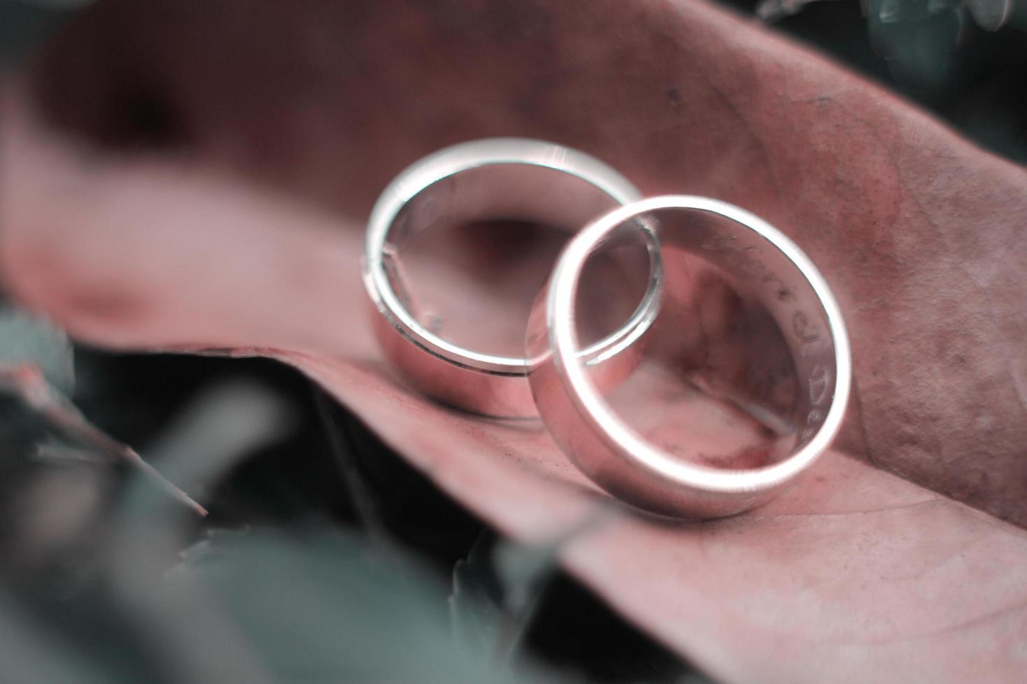 un par de anillos de boda en una madera foto