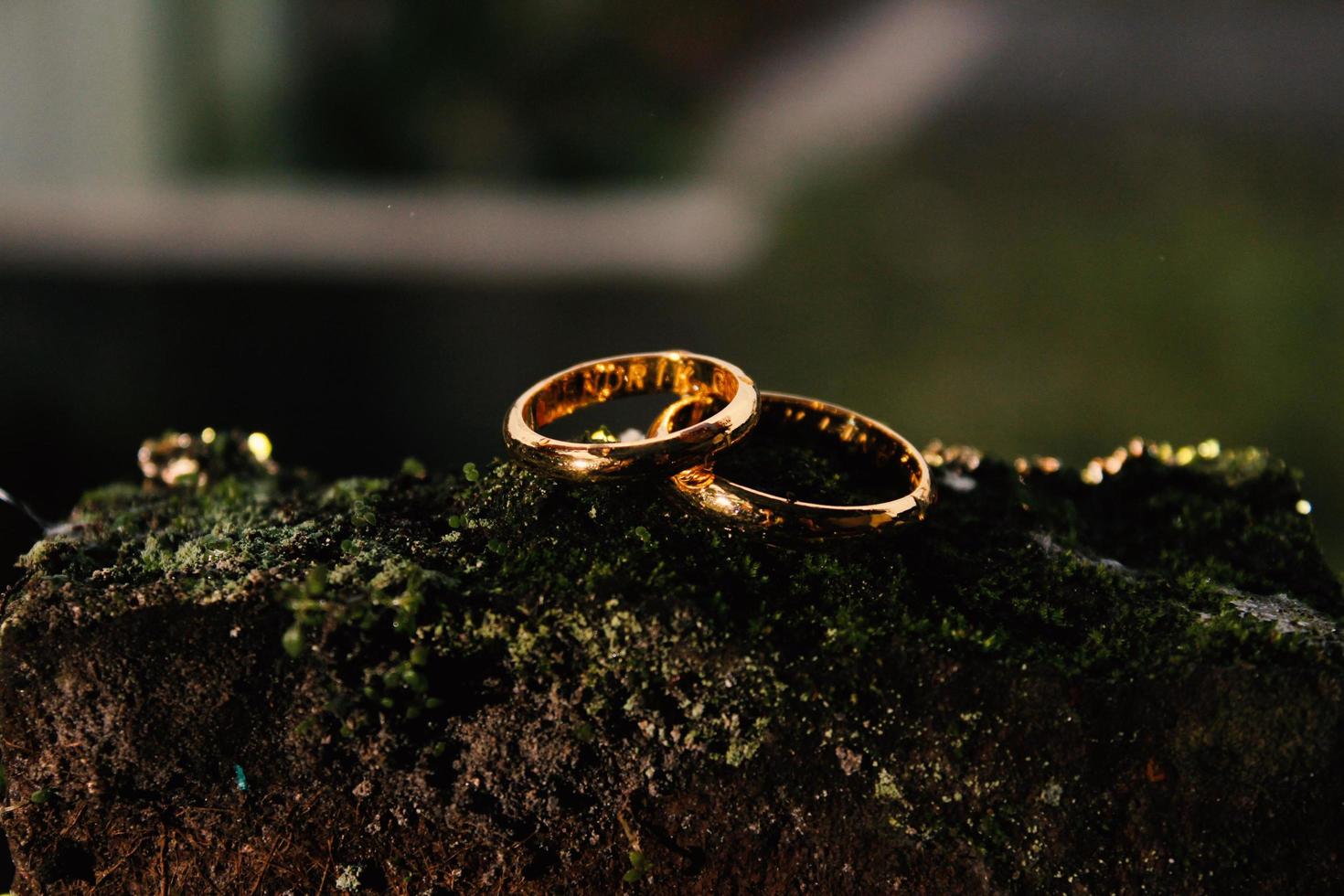 anillos de boda símbolo amor familia. un par de anillos de boda sencillos foto