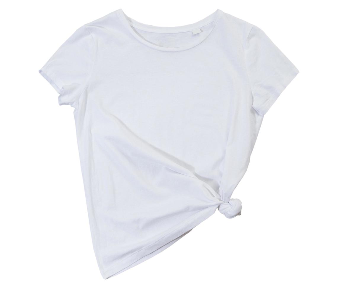 empty white T-shirt isolated on white background. Blank White female tshirt isolated on white. Tshirt template ready for your own graphics. photo