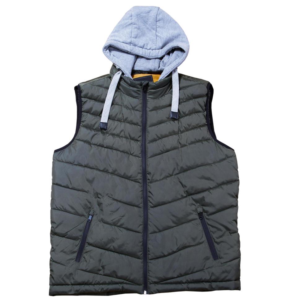 Vest with a hood isolated on the white background, green vest top view on a white background. A warm green waistcoat is on white. photo