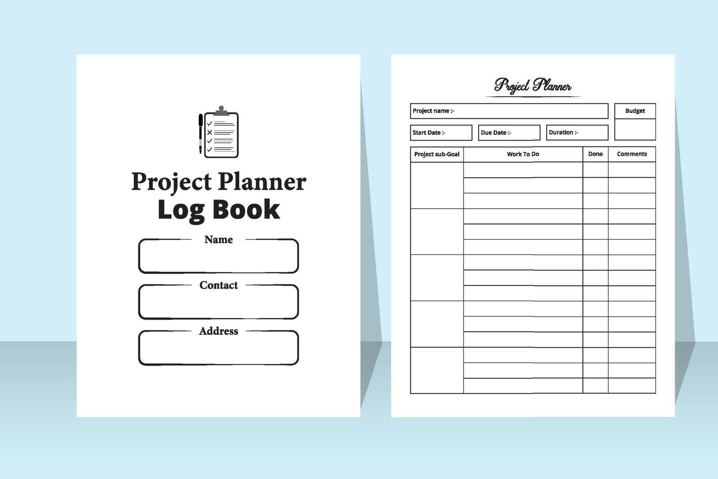 Project planner logbook. Work list notebook interior. Business management log book. Task planner checklist. Project planner journal and task tracker. Task planner journal. vector