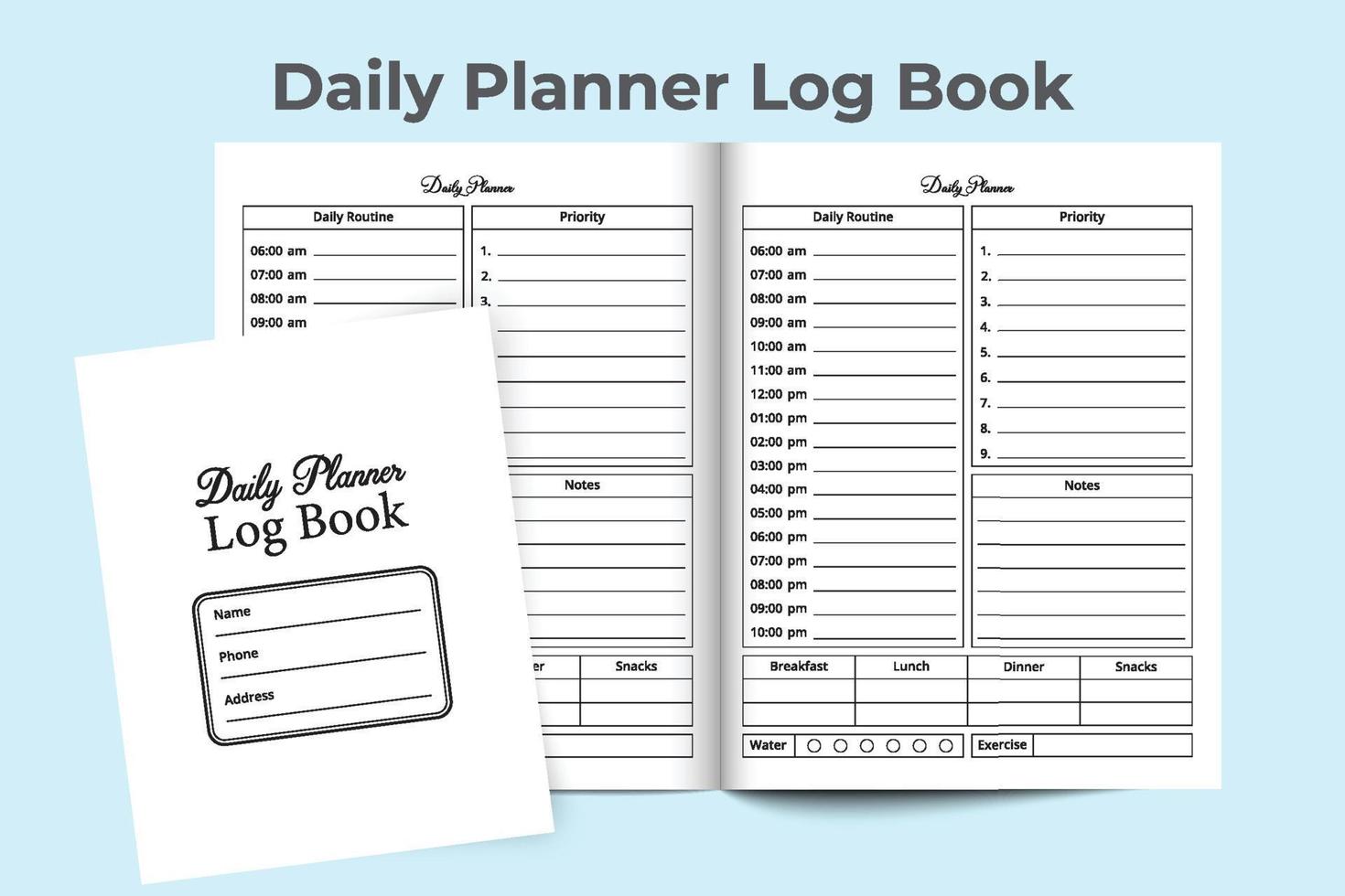 Daily planner logbook interior. Daily routine planner notebook. Daily planner journal template. Work schedule template. Notebook interior. Daily schedule journal interior. vector