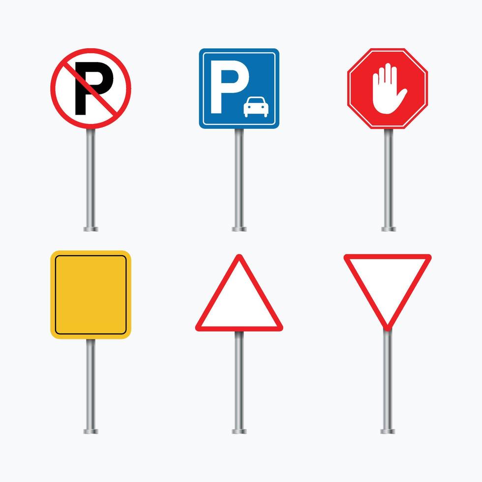 Road signs vector. Colorful traffic signs. Yellow, blue, and red blank road signs. Set of road direction signs on a white background. Blank advertising sign. Parking sign, no parking mark. vector