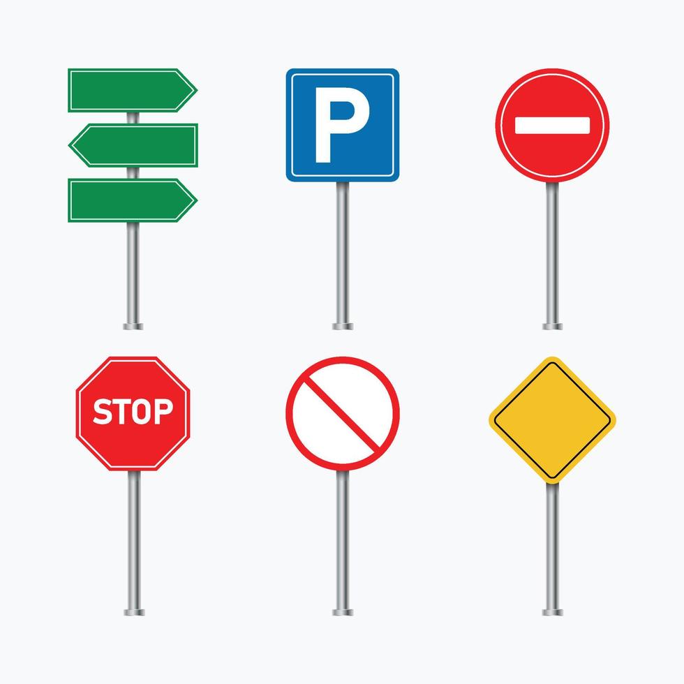 vector de señales de dirección de carretera. señal de tráfico de color verde, azul, amarillo y rojo. letrero publicitario en blanco. conjunto de señales de tráfico aisladas en un fondo blanco. coloridas señales de tráfico. señal de stop y señal de estacionamiento.