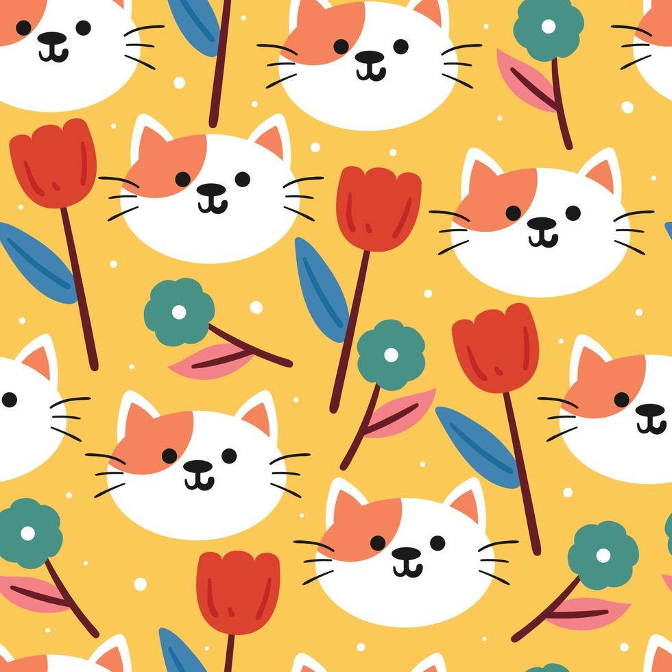 patrón sin costuras lindo gato de dibujos animados y planta para impresión de tela, papel tapiz para niños y papel de regalo vector