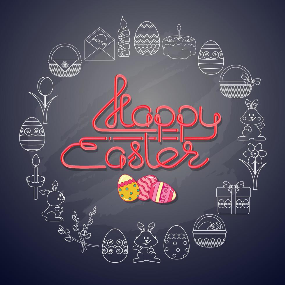 Easter Eggs, Icons and Handwritten Lettering  Happy Easter. vector