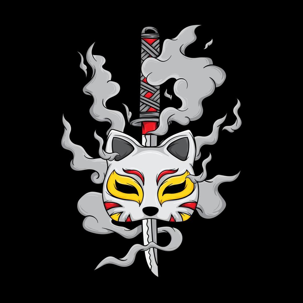 Katana Sword and Cat mask with Smoke Hand Drawn Illustration vector