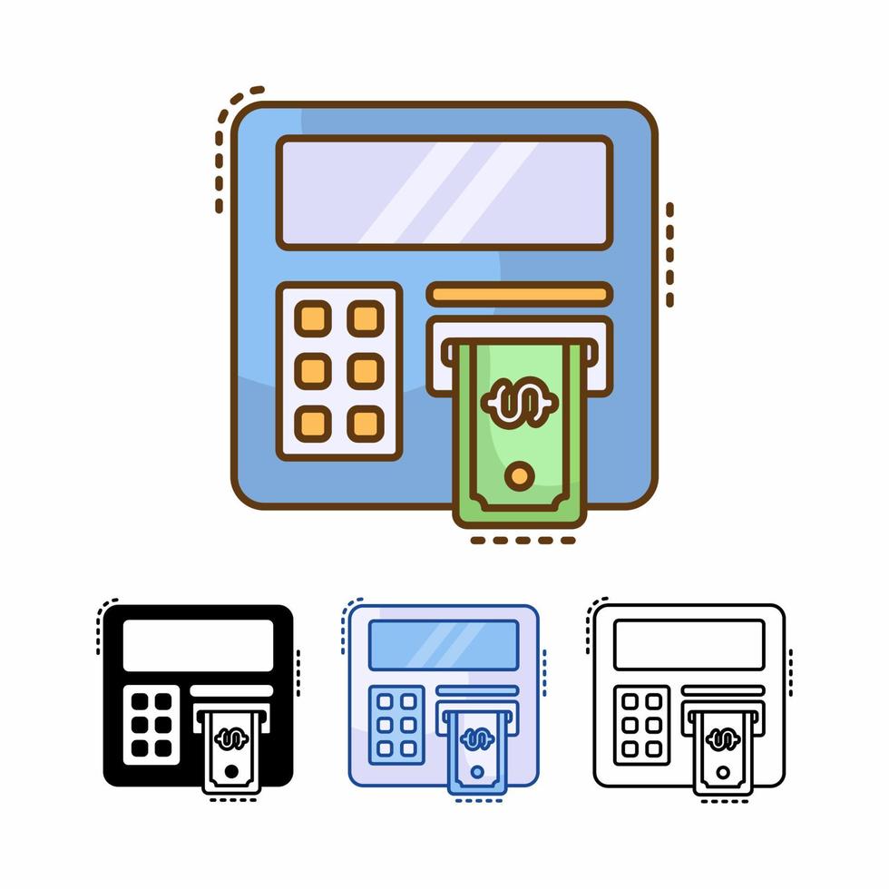 icono de vector de máquina atm aislado sobre fondo blanco. línea rellena, contorno, sólido, azul, icono. los signos y símbolos se pueden usar para web, logotipo, aplicación móvil, ui, ux