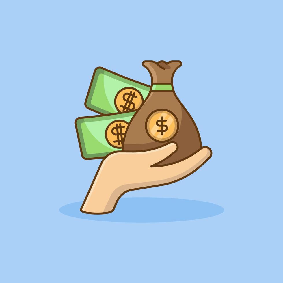 mano que sostiene el icono de la bolsa de dinero en estilo plano. éxito, objetivo objetivo, dinero en la mano ilustración vectorial de dibujos animados vector