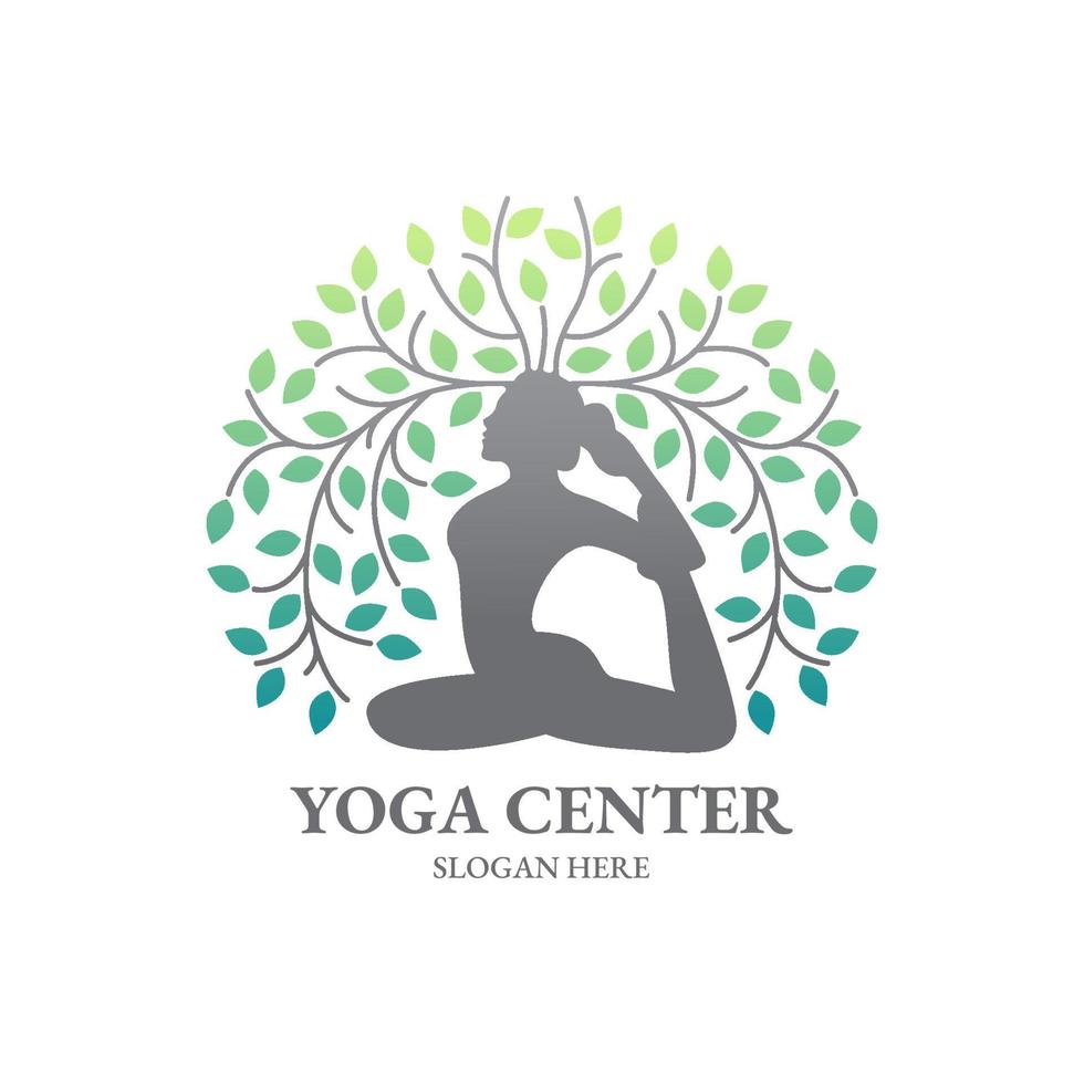 Yoga pose with leaves logo design vector