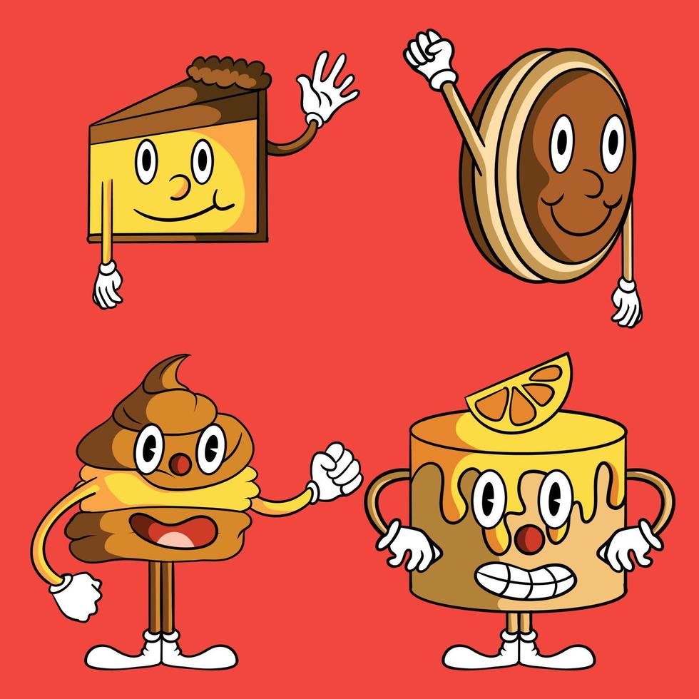 Funny doodle cake characters cartoon vector