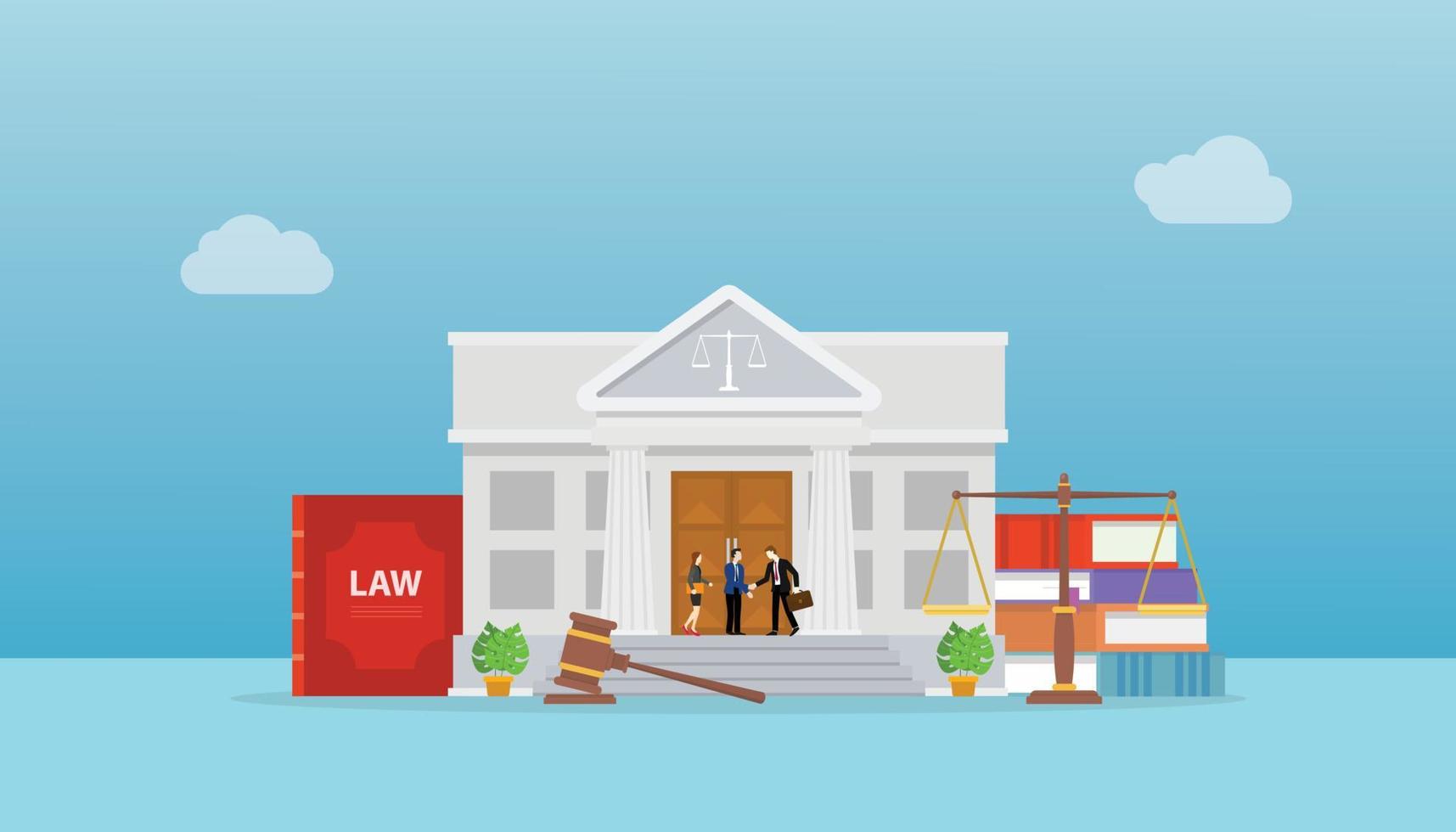 legal law service concept with gavel books and court building with people handshake with modern flat style vector