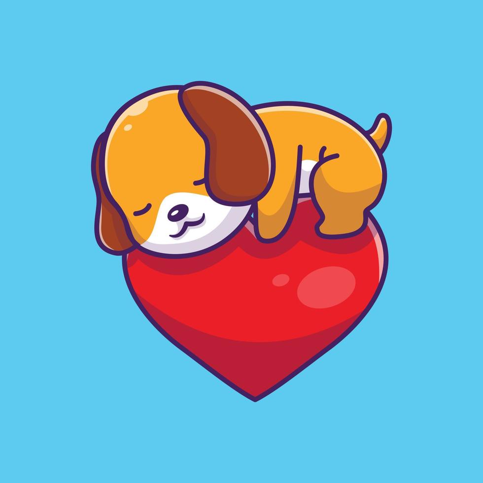 Lindo perro durmiendo en la ilustración de icono de vector de dibujos animados de corazón. concepto de icono de naturaleza animal vector premium aislado. estilo de dibujos animados plana