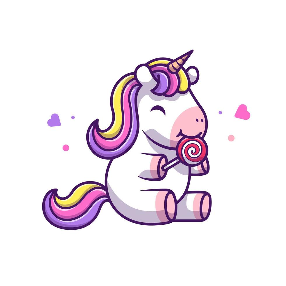 Cute Unicorn Eating Lollipop Candy Cartoon Vector Icon  Illustration. Animal Food Icon Concept Isolated Premium  Vector. Flat Cartoon Style