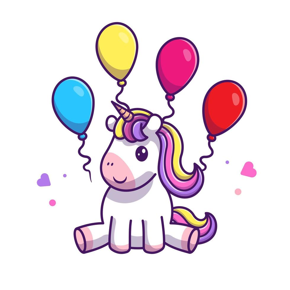 lindo unicornio con globo cumpleaños fiesta dibujos animados vector icono ilustración. concepto de icono de vacaciones de animales vector premium aislado. estilo de dibujos animados plana