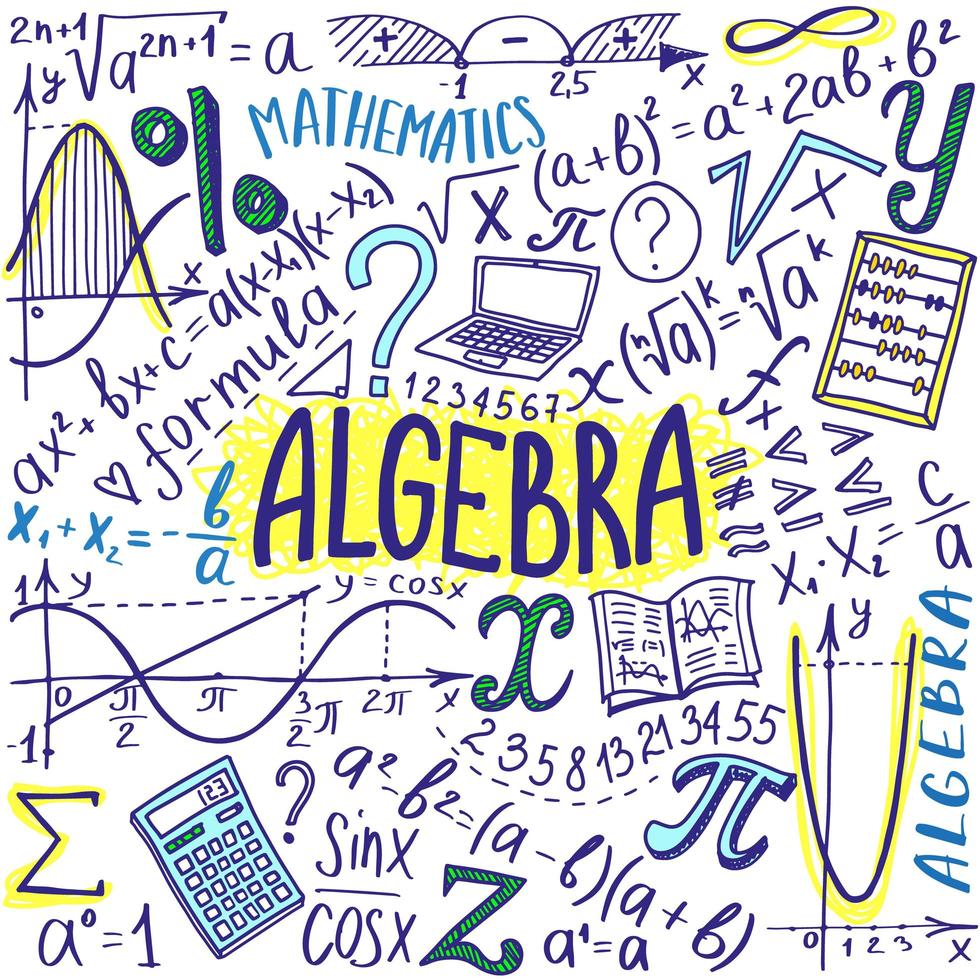 conjunto de iconos de símbolos matemáticos. diseño de garabatos de álgebra o matemáticas. concepto de educación y estudio. fondo de regreso a la escuela para cuaderno, no bloc, cuaderno de bocetos. ilustración dibujada a mano. vector