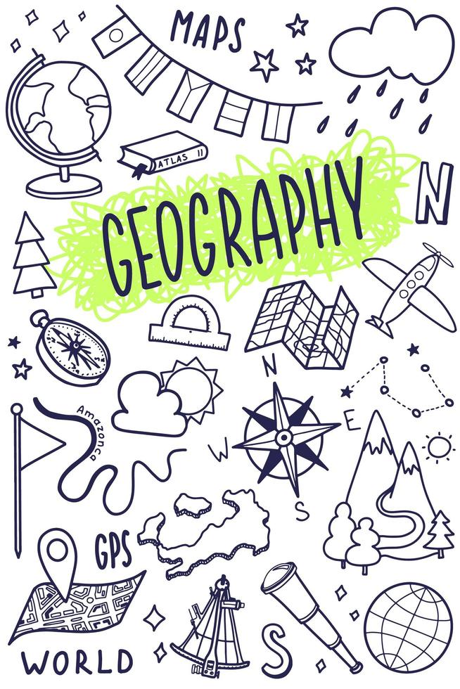 Conjunto de iconos de símbolos de geografía. diseño de asignaturas escolares. boceto de esquema de educación en estilo doodle. estudio, concepto de ciencia. fondo de regreso a la escuela para cuaderno, cuaderno de bocetos. vector