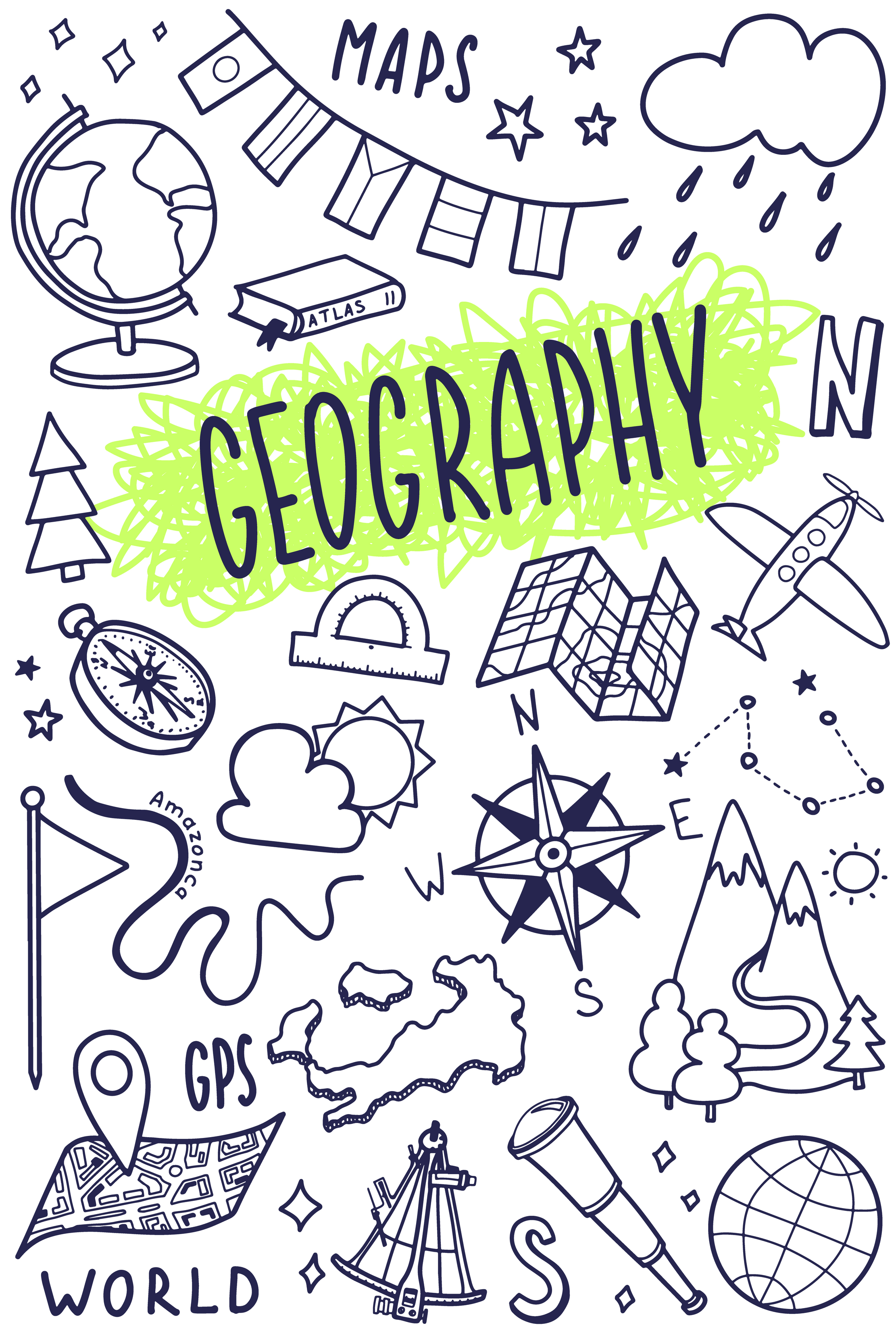 Conjunto de iconos de símbolos de geografía. diseño de asignaturas  escolares. boceto de esquema de educación en estilo doodle. estudio,  concepto de ciencia. fondo de regreso a la escuela para cuaderno, cuaderno