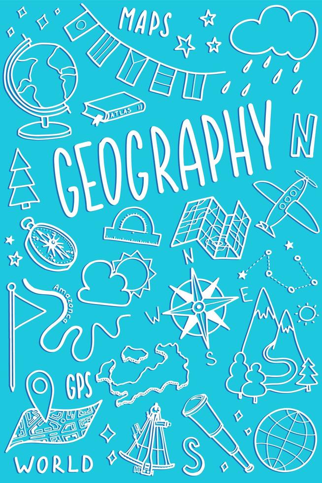 Geography symbols icons set. School subject design. Education outline sketch in doodle style. Study, science concept. Back to school background for notebook, sketchbook. vector