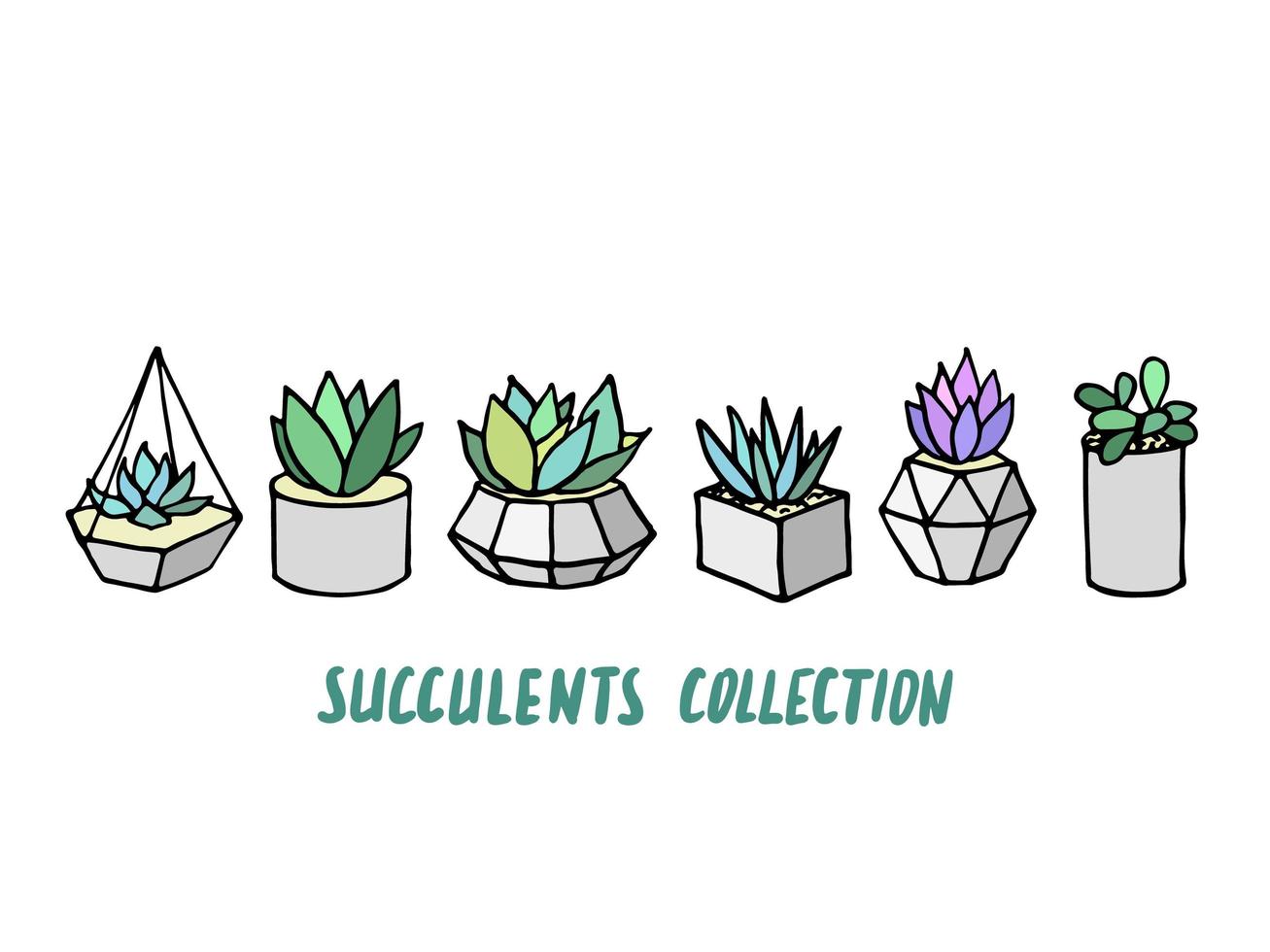 Set of succulents cactus houseplants in grey flower pots. Vector icons on white background