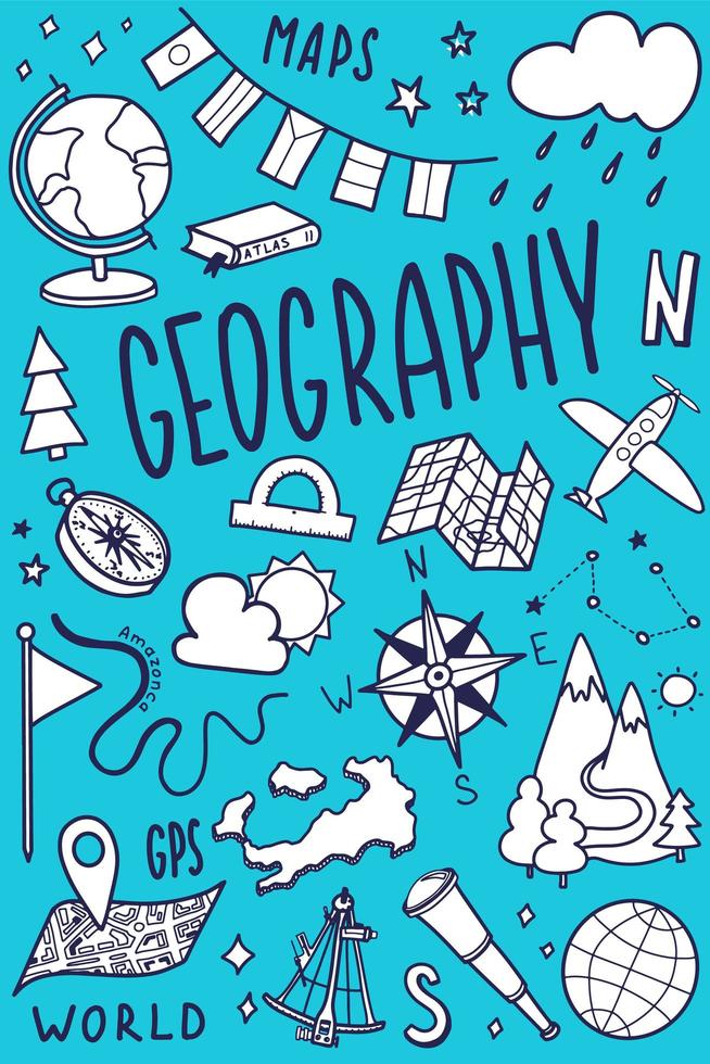 Geography symbols icons set. School subject design. Education outline sketch in doodle style. Study, science concept. Back to school background for notebook, sketchbook. vector