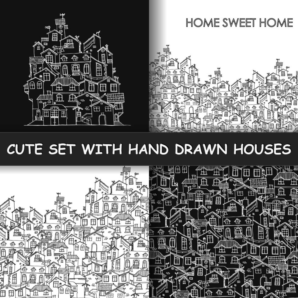 Hand drawn background with doodle houses. vector