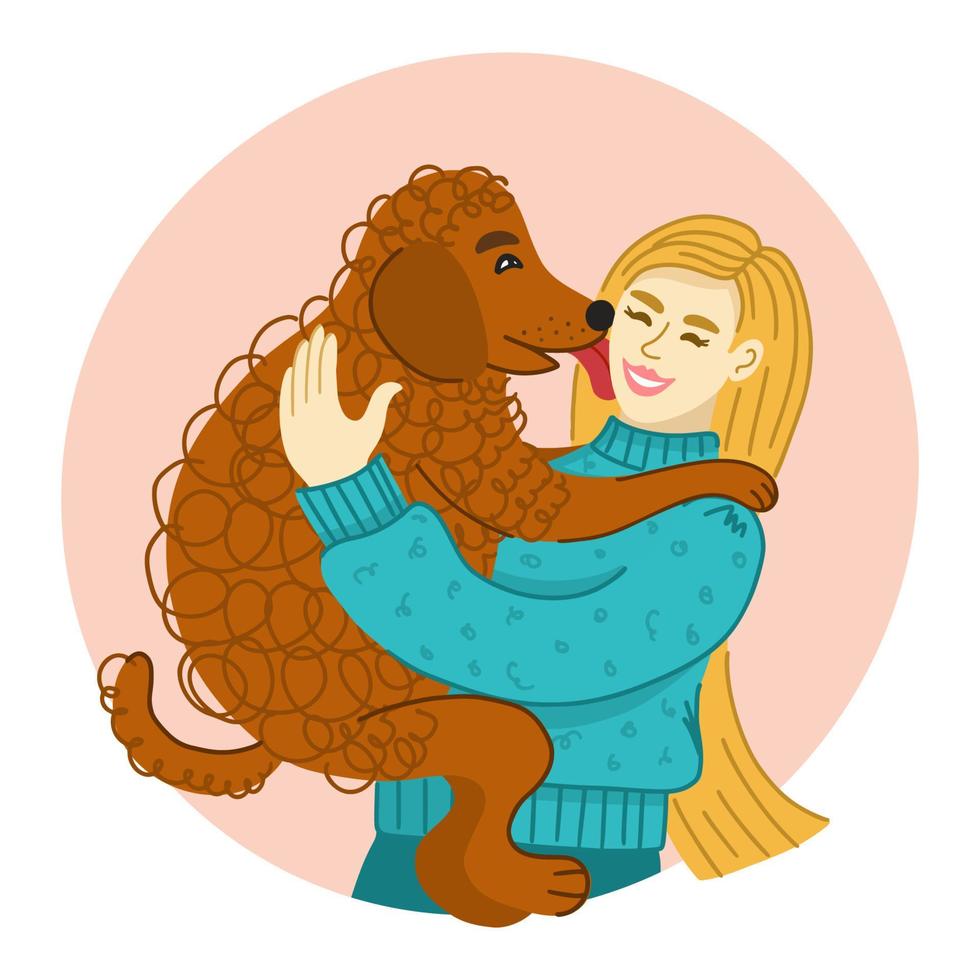 A girl with long hair hugs her dog. Man and dog are friends. The dog licks the owner. Funny vector flat illustration