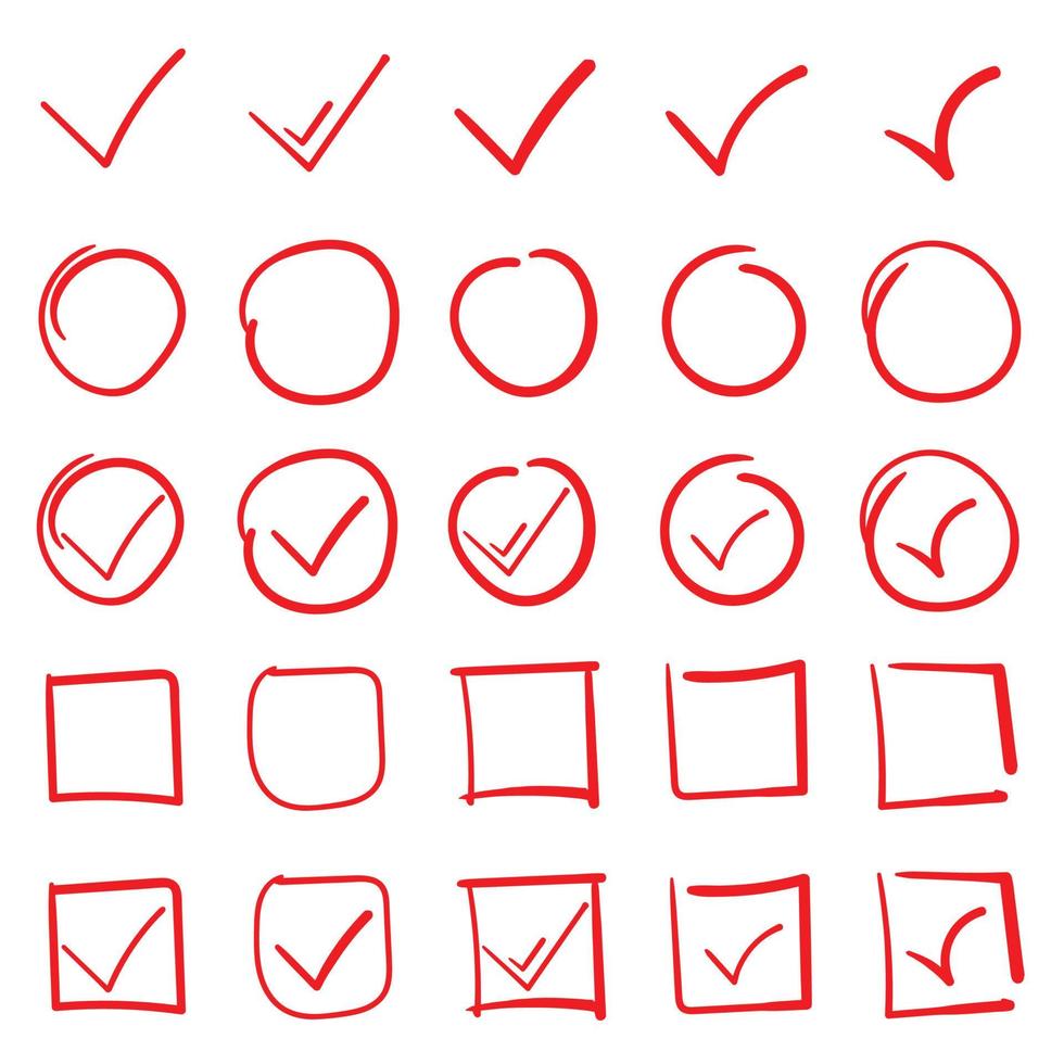 Premium Vector  Green check and red cross mark set. hand drawn doodle  sketch style. vote, yes, no drawn concept. checkbox, cross mark with  square, circle element. vector illustration.