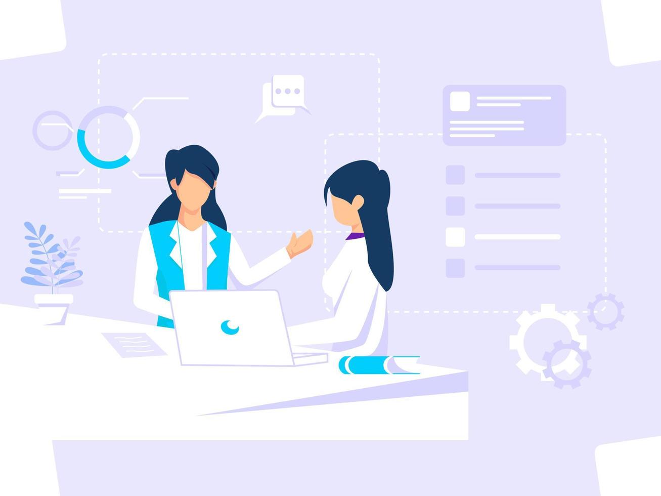 Digital graphic concept. women workers hold meetings and discussions. used for web, posters, flyers. flat vector illustration.