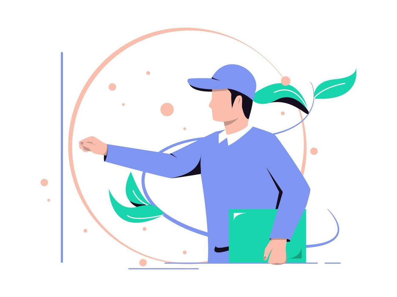 Fast delivery man. Courier provides free delivery of goods or postal parcels to the address. Vector illustration.