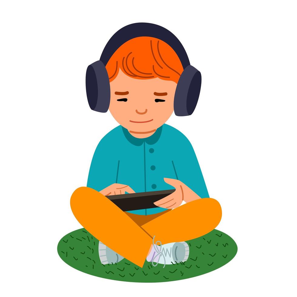 the red-haired boy is wearing headphones and holding a tablet in his hands. vector