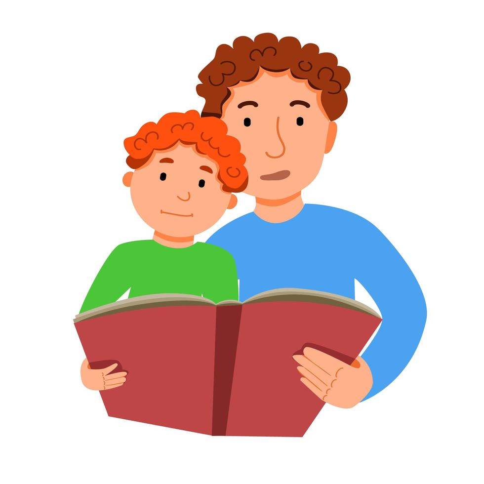 Characters for Fatheres Day. Father and son read together. vector