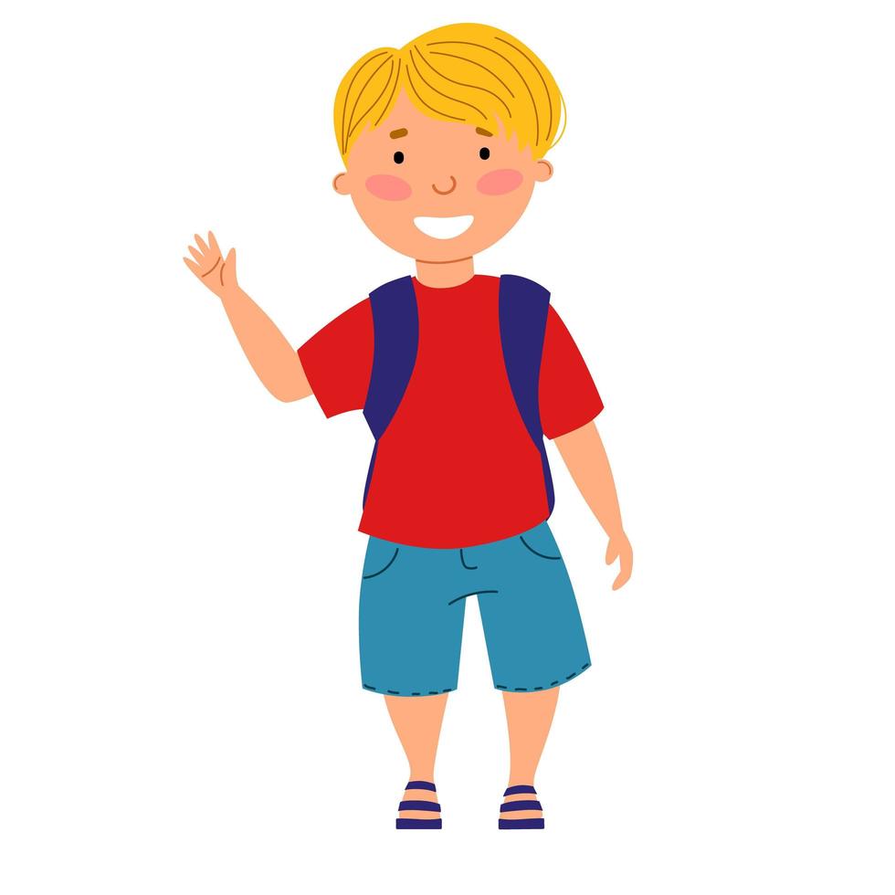 A cute blond boy with a backpack waves his hand. vector