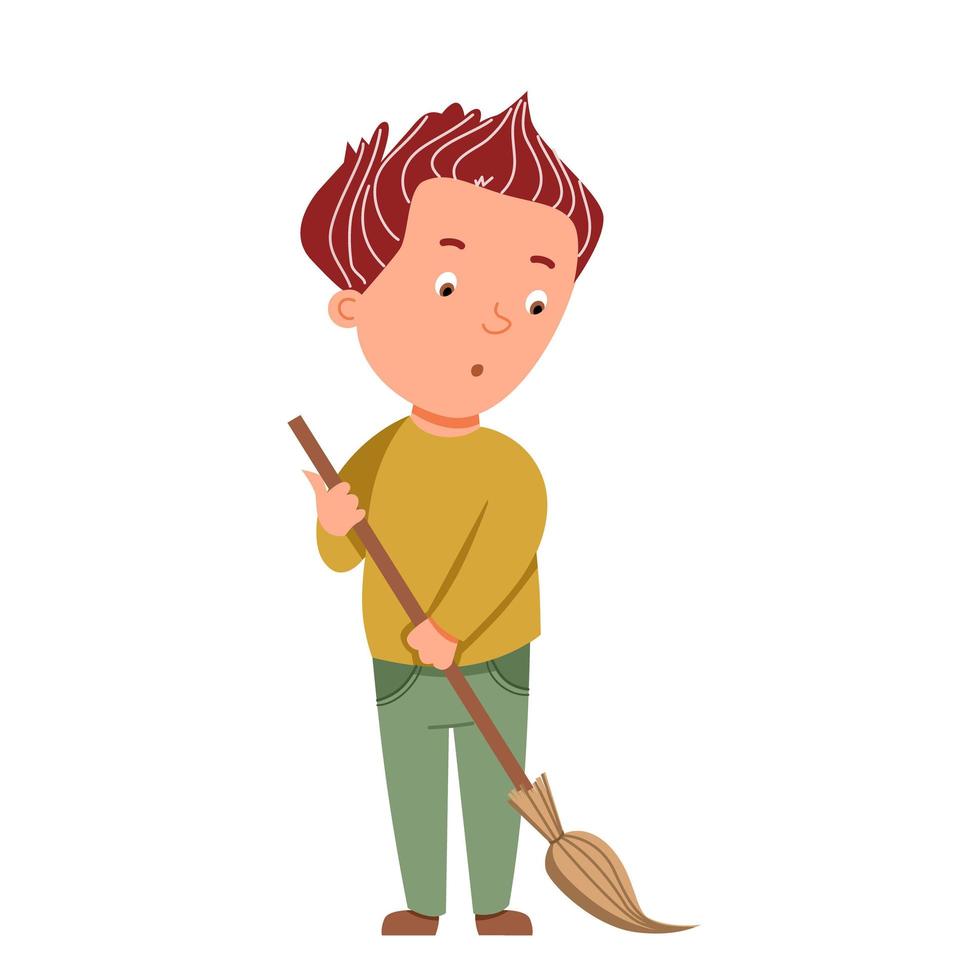 A light-skinned boy sweeps with a broom. Assistance in cleaning, conducting a subbotnik. vector