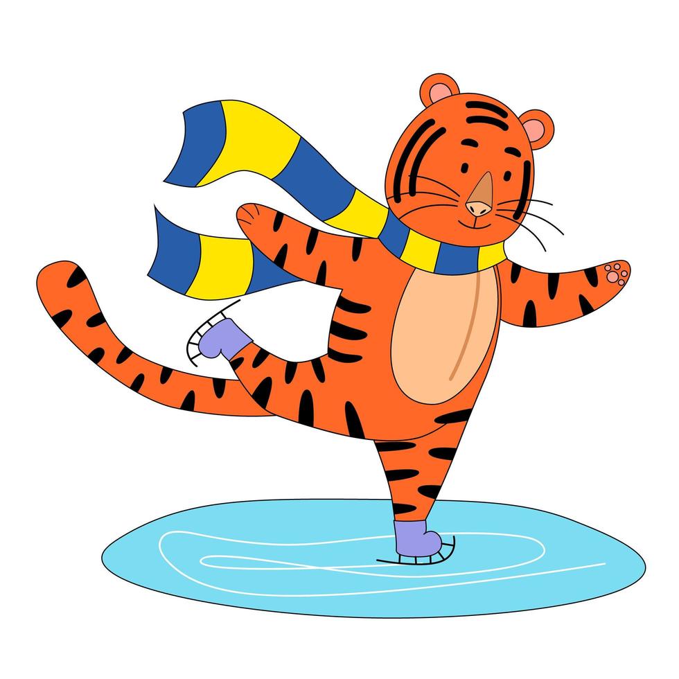 el tigre está patinando, un lindo animal. la idea de un personaje para una tarjeta de felicitación, una pintura mural para niños. vector