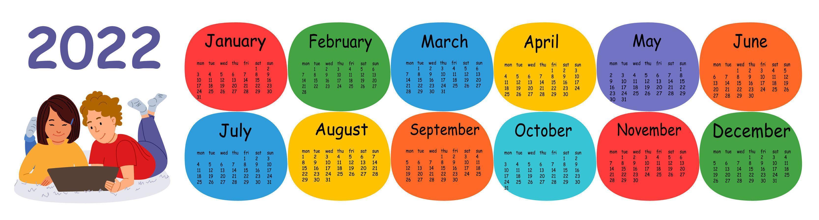 Horizontal vector calendar design template for 2022, flat design. Calendar for the year 2022 for a home with a boy and a girl with a tablet.