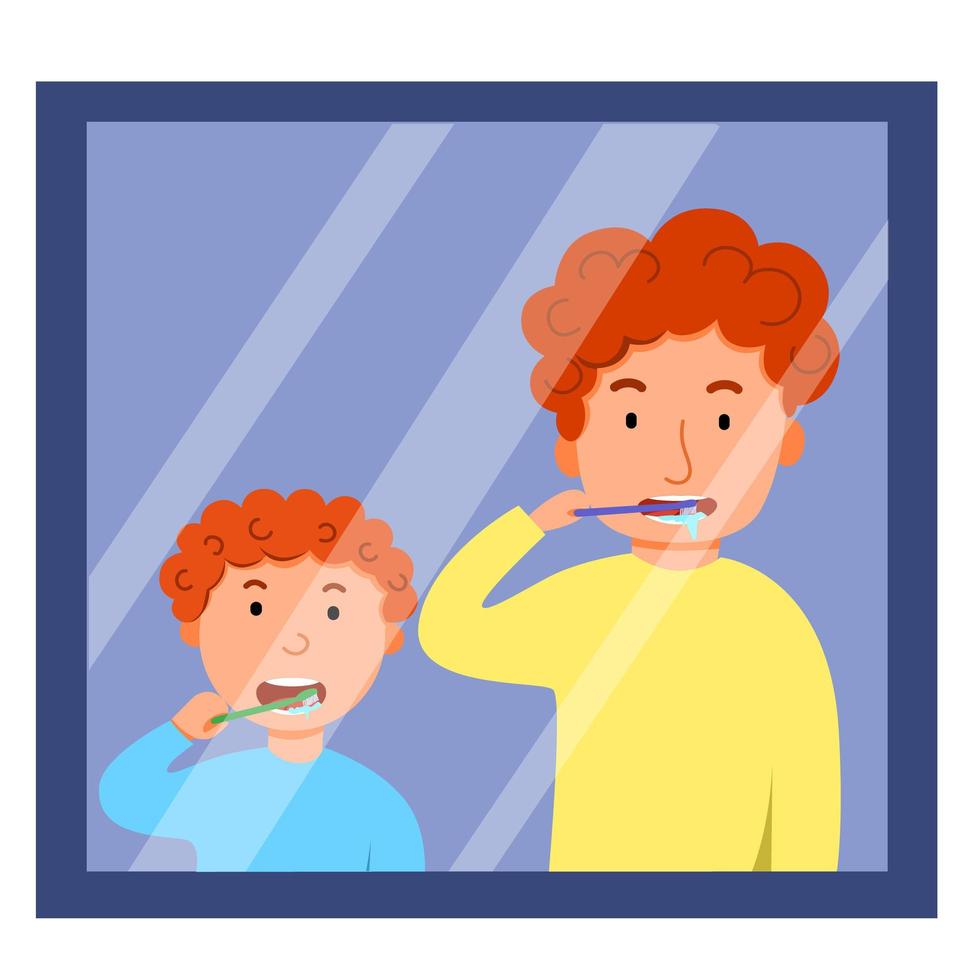 Characters for Fatheres Day. Father and son brush their teeth together in front of the mirror. vector