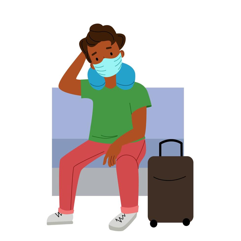 A dark-skinned guy with a suitcase in a mask is waiting for his transport, a plane, in the waiting room. vector