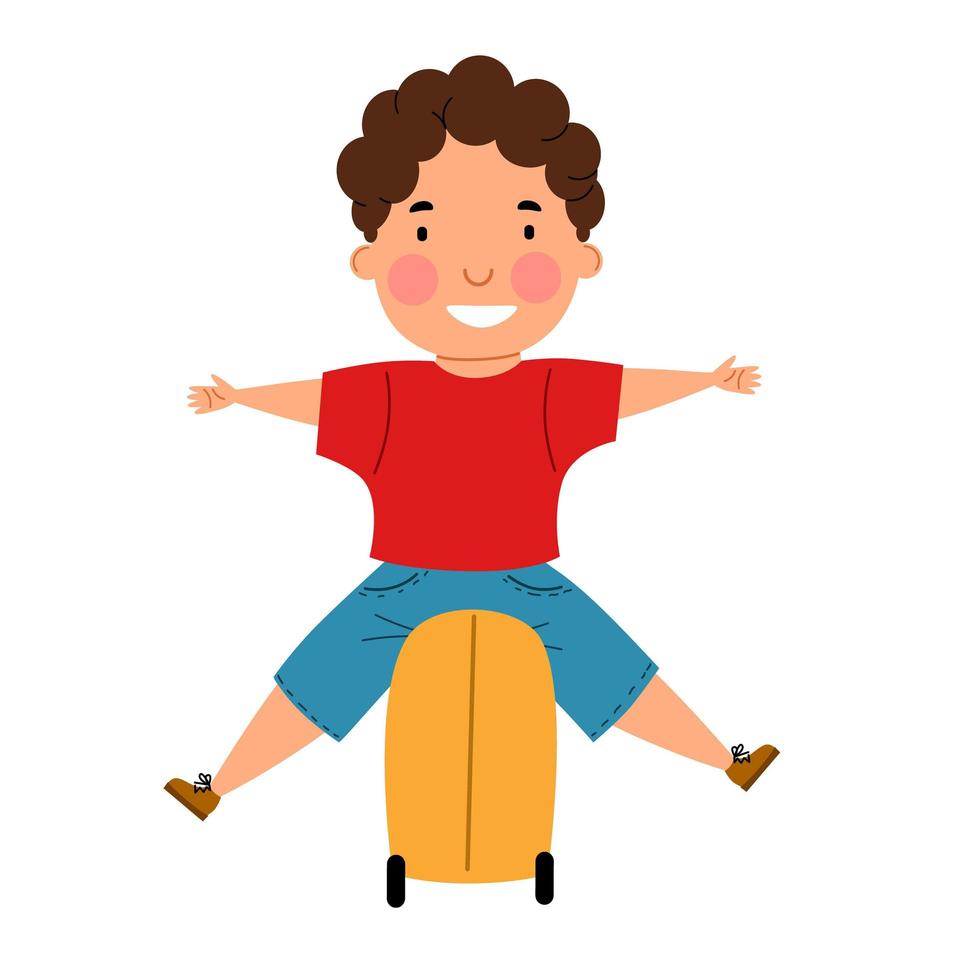 Dark-haired, curly-haired boy sits on a suitcase. vector