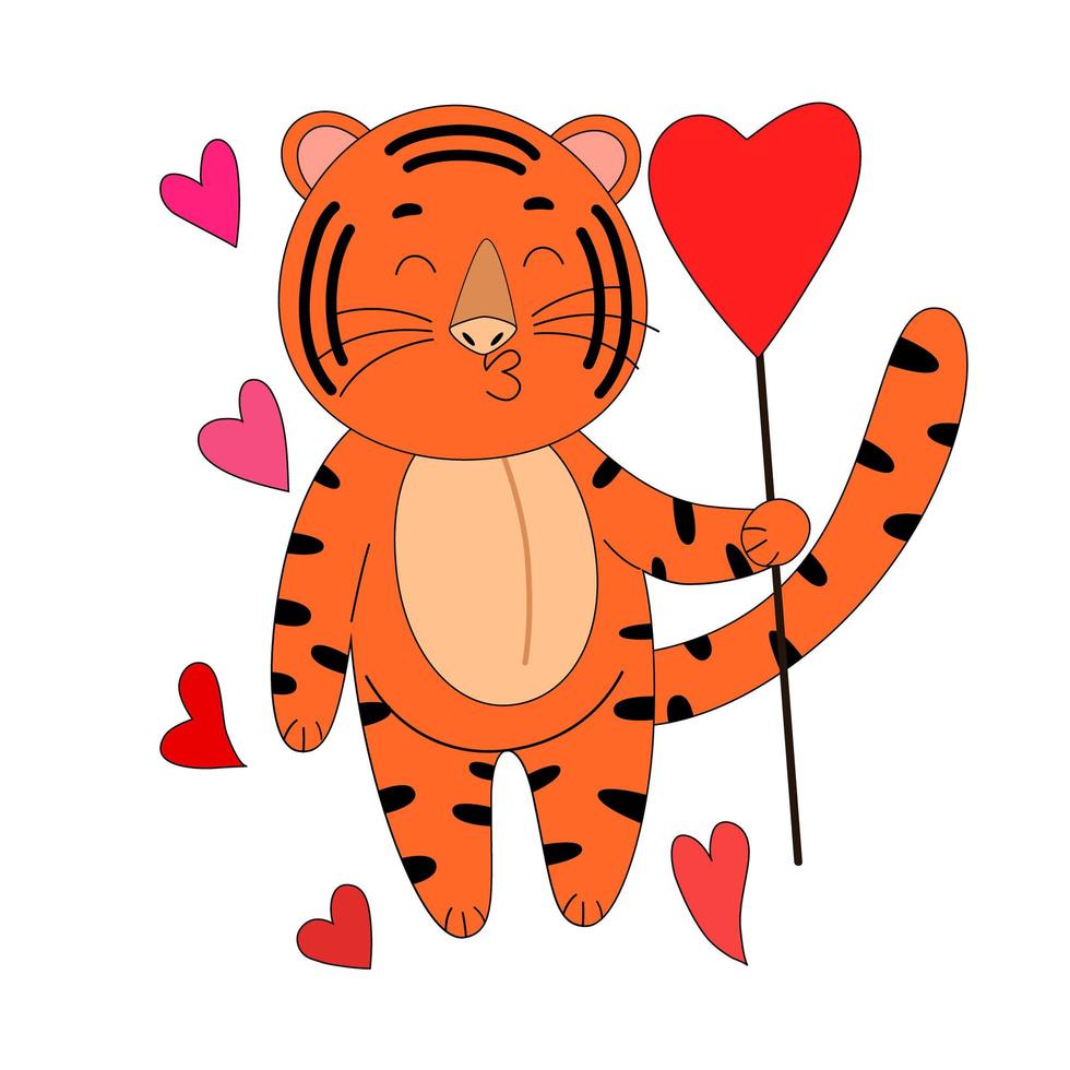 tigre lindo vector plano con corazones, animal lindo.