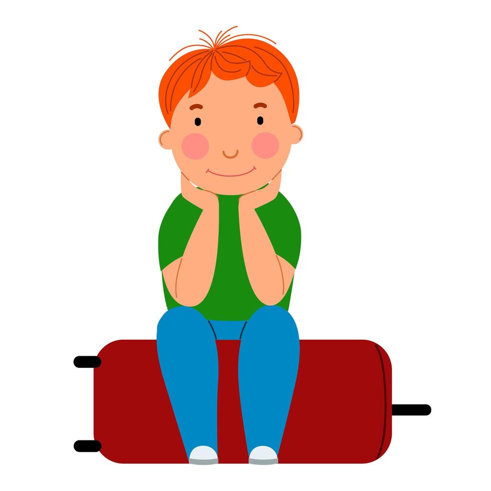 A cute red-haired boy is sitting on a suitcase. vector