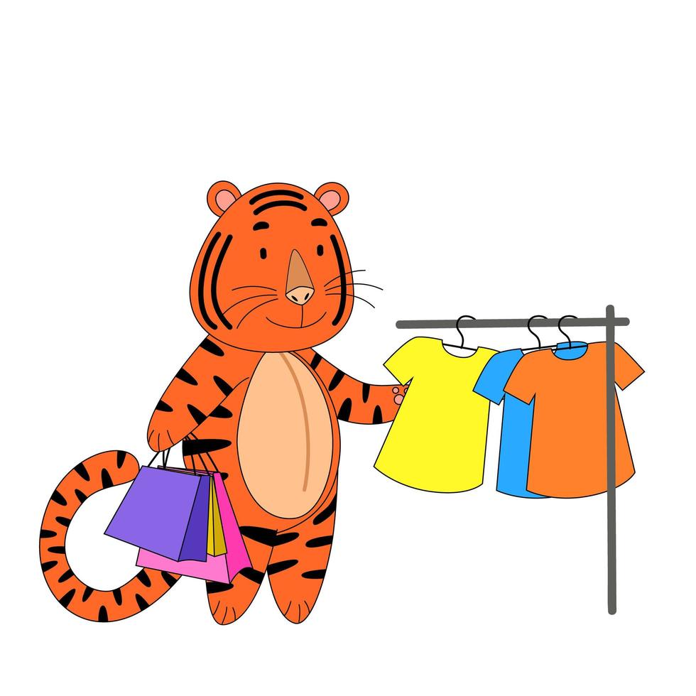 un tigre compra ropa en una tienda, un lindo animal. la idea de un personaje para una tarjeta de felicitación, una pintura mural para niños. vector