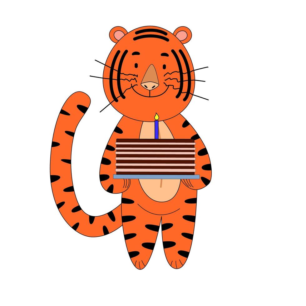 tigre con pastel desea feliz cumpleaños, lindo animal. vector